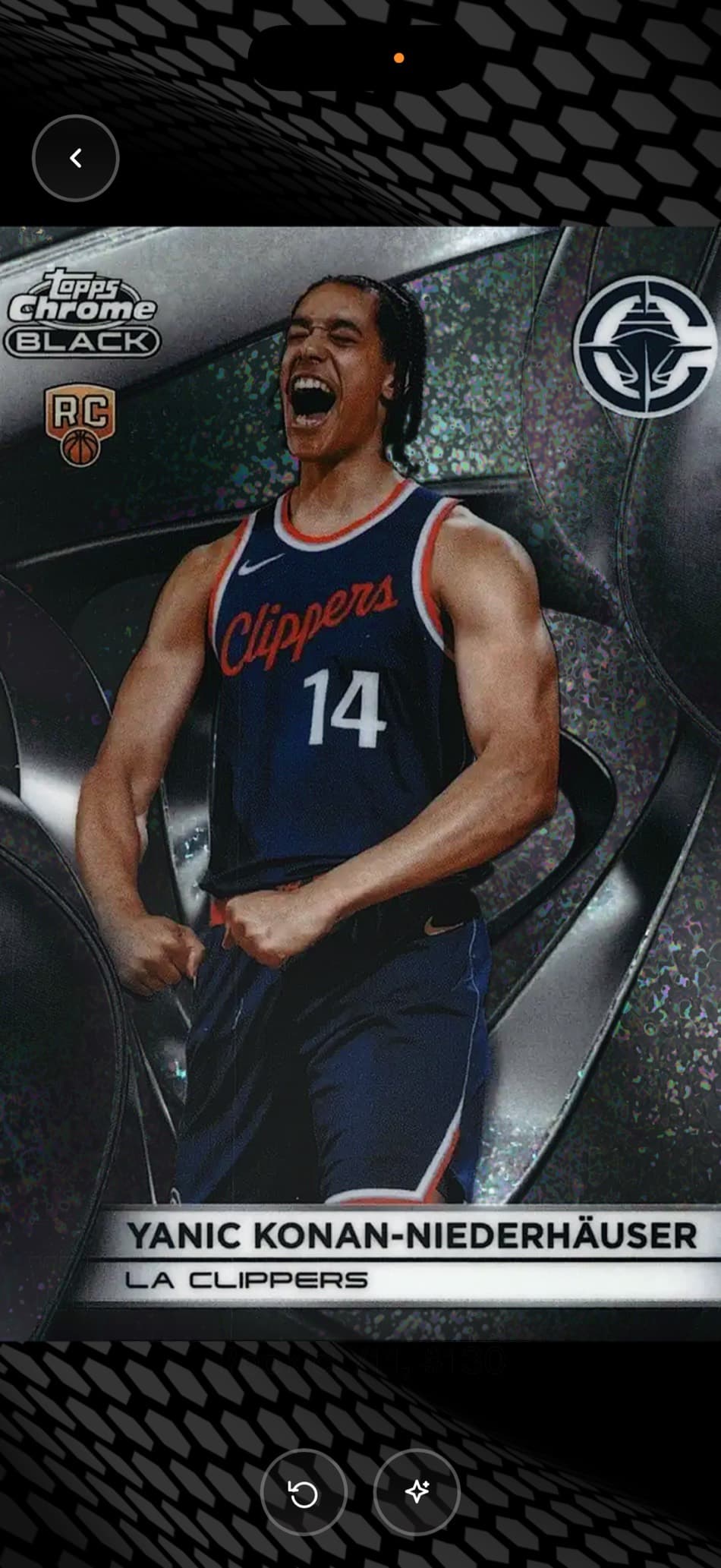 A Topps Chrome Black Glitter parallel of Clippers rookie Yanic Konan-Niederhauser, numbered to eleven, shown full screen in the Fanatics Collect app.