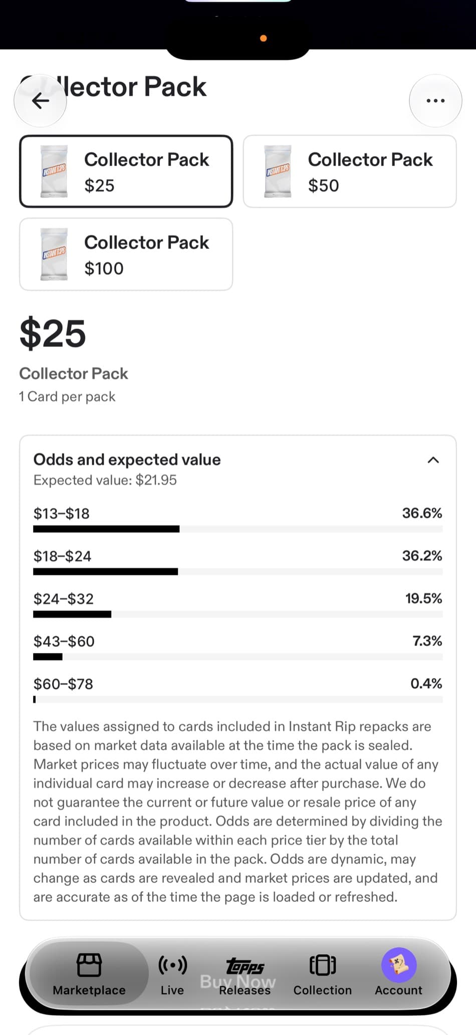 A twenty five dollar Collector Pack listing showing a disclosed expected value of twenty one dollars ninety five, with odds grouped into dollar value bands from thirteen to seventy eight dollars.