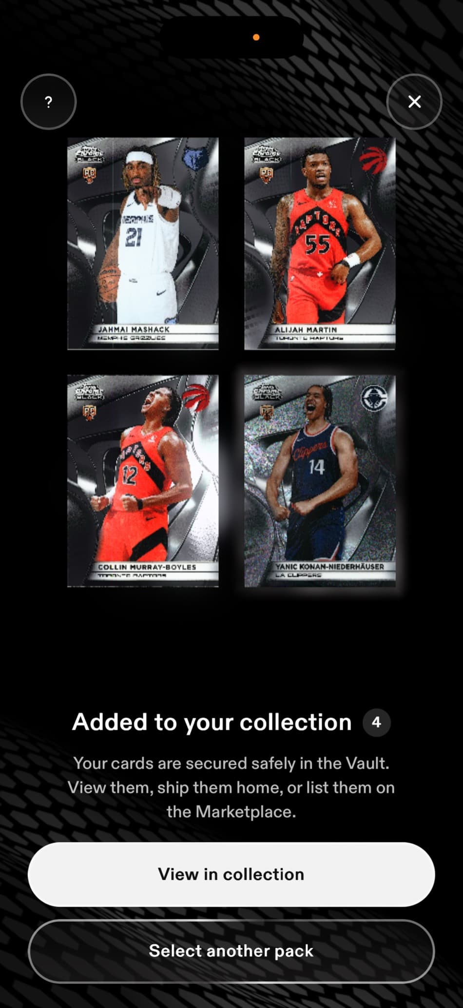 The end of a pack reveal showing four rookie cards and the message Added to your collection, with options to view them, ship them home, or list them on the marketplace.