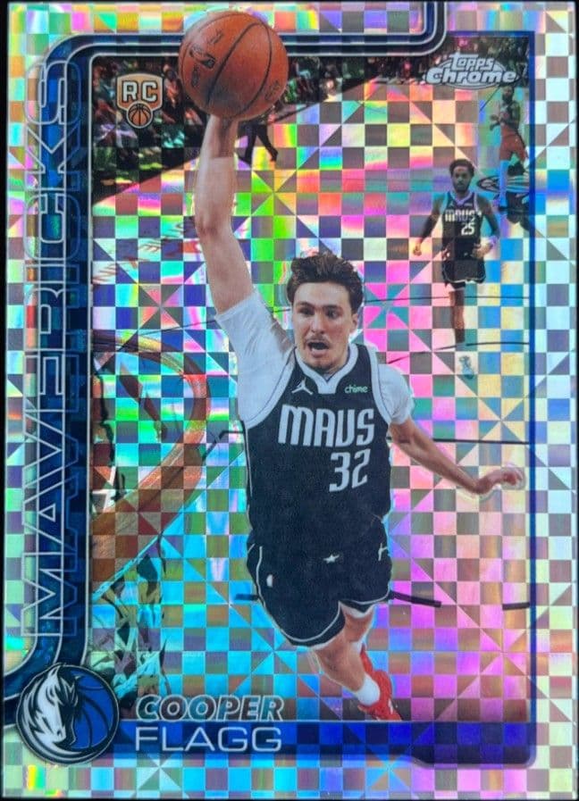 The 2025-26 Topps Chrome Cooper Flagg rookie card, X-Fractor parallel, with the cross-hatch refractor pattern.