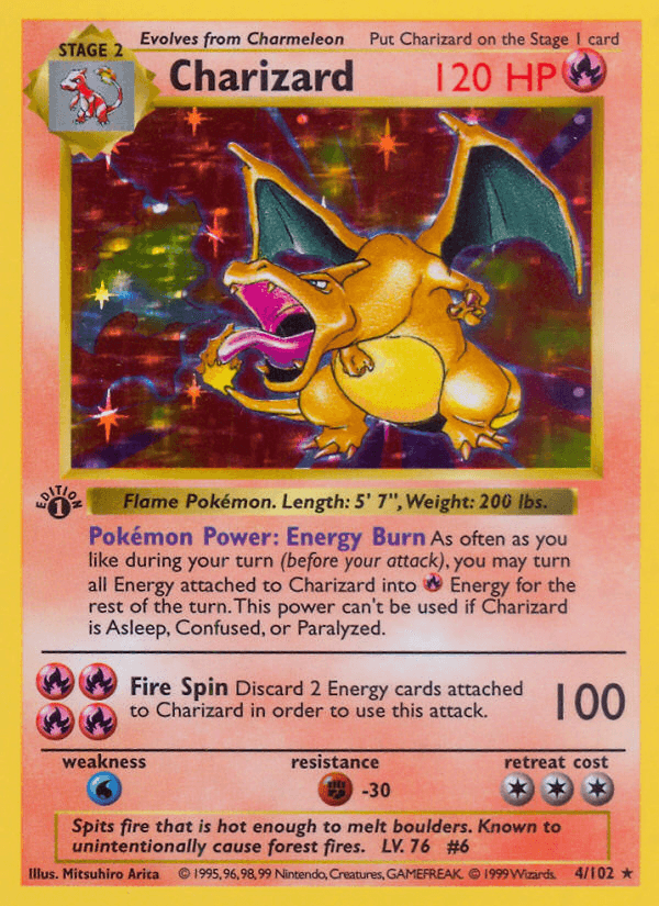 The 1999 Base Set Charizard, card #4, the holographic fire dragon that anchors every most-valuable Pokémon list.