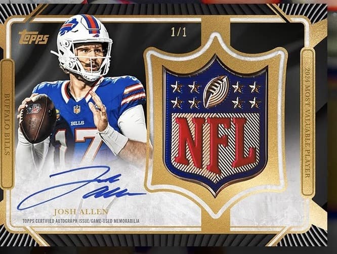 The 2025 Topps Chrome Honors MVP Gold NFL Shield Josh Allen patch auto, a one-of-one carrying the league’s own logo tag and an on-card signature.