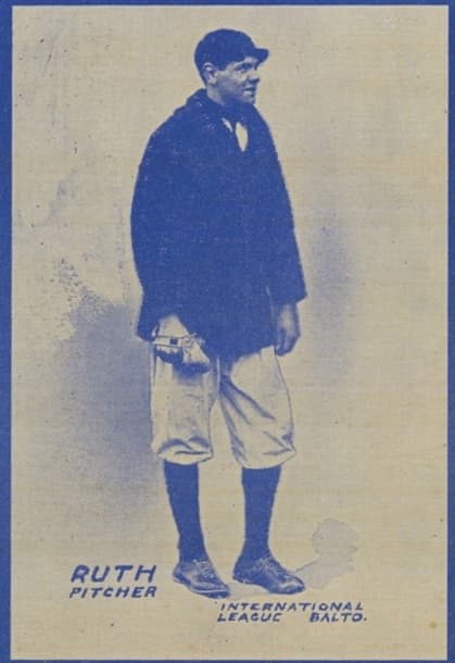 The 1914 Baltimore News Babe Ruth, his first card, made when he was a nineteen-year-old pitcher for the minor-league Baltimore Orioles.