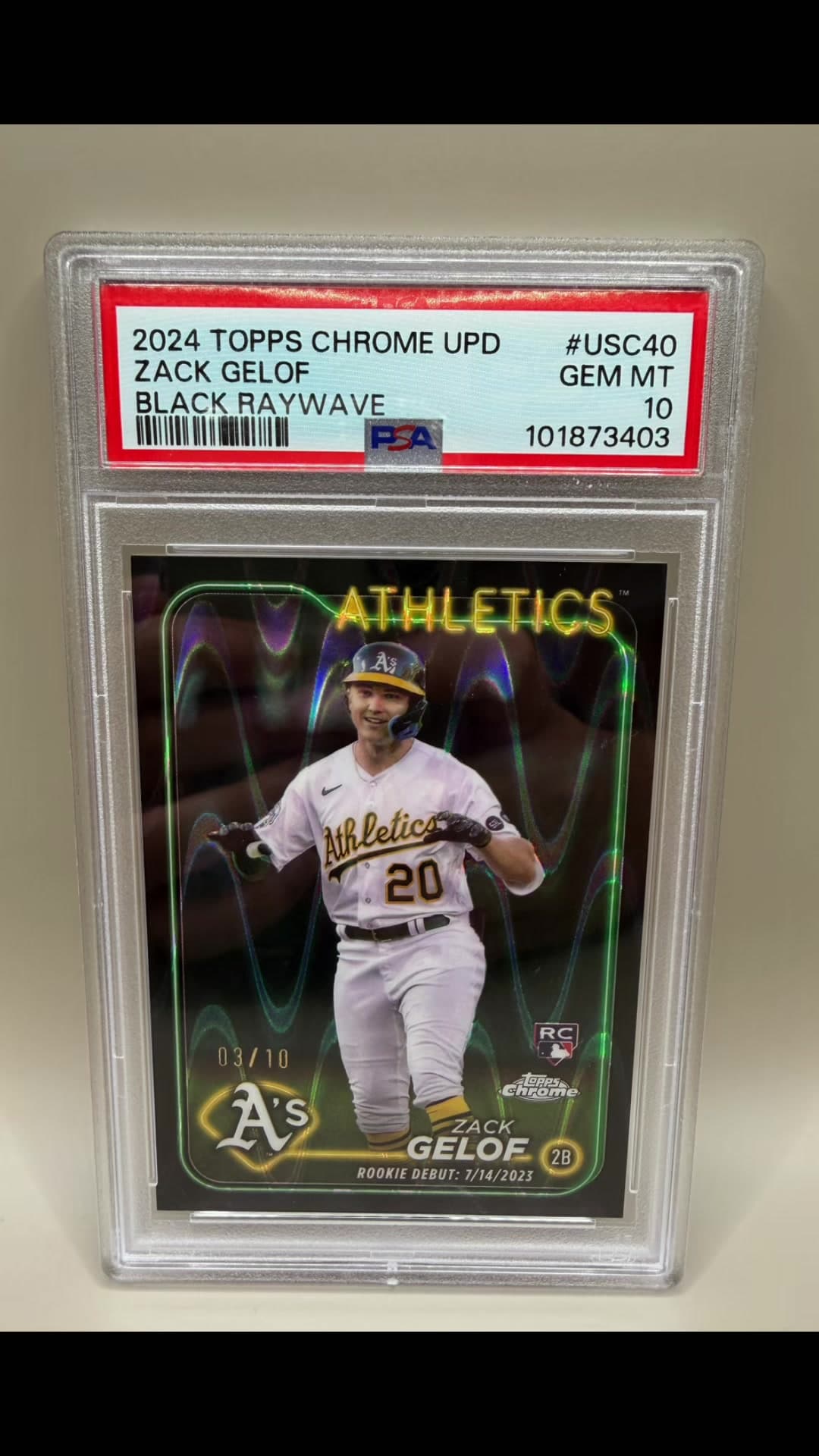 Only 10 made and this one landed a PSA 10 👀🔥 Zack Gelof Black RayWave, numbered 03 of 10. Is this a true A’s grail? #ZackGelof #ToppsChrom