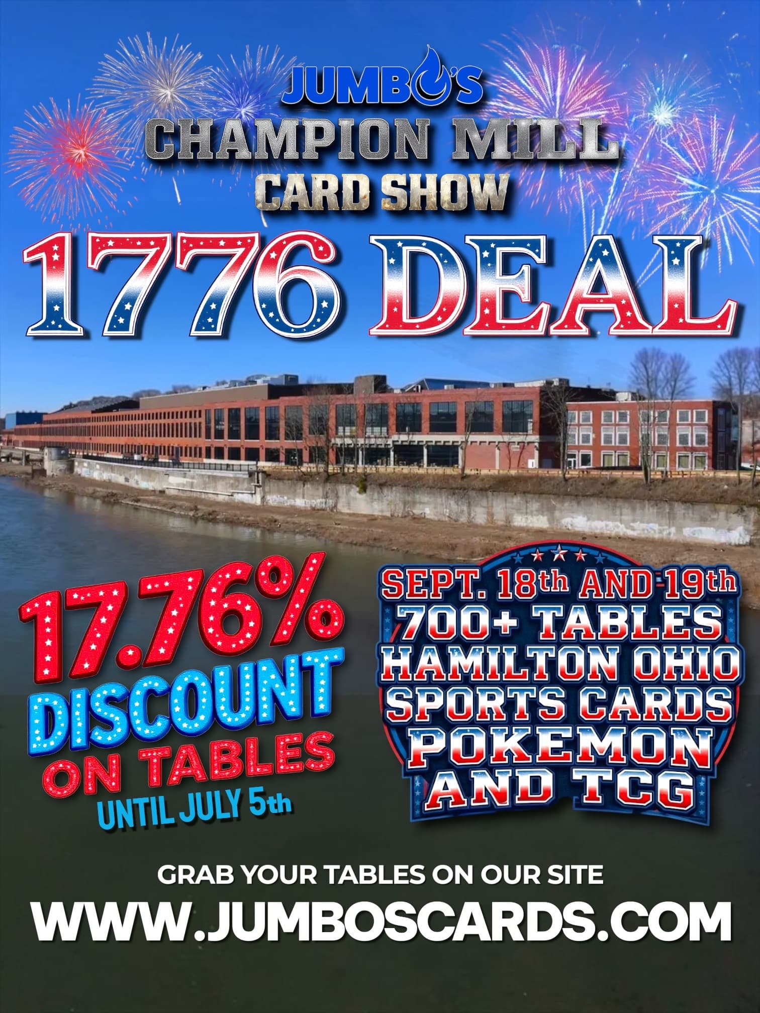 Grab our 1776 DEAL until July 5th! 🤩 Vendors, grab 17.76% off your tables for our Champion Mill Card Show this September! 🔥 Tables are goi