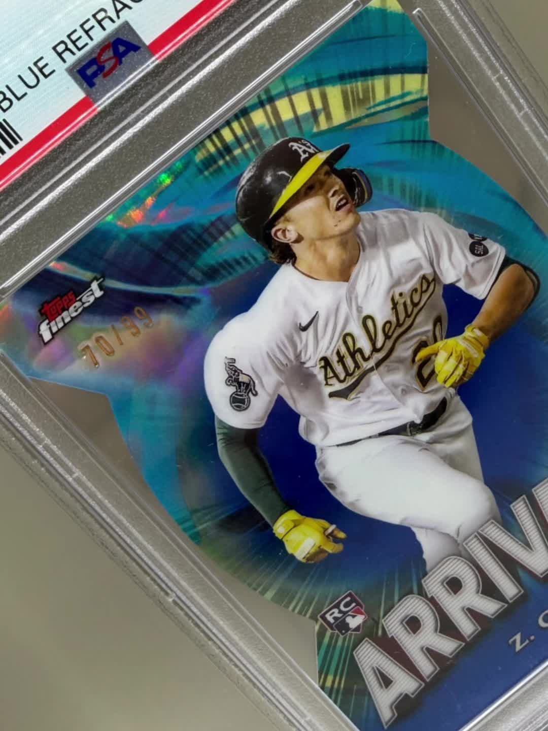 Zack Gelof Blue Arrivals PSA 10, numbered 70 of 99 💙🔥 Does this one belong in every serious Gelof collection? #ZackGelof #Athletics #Topps
