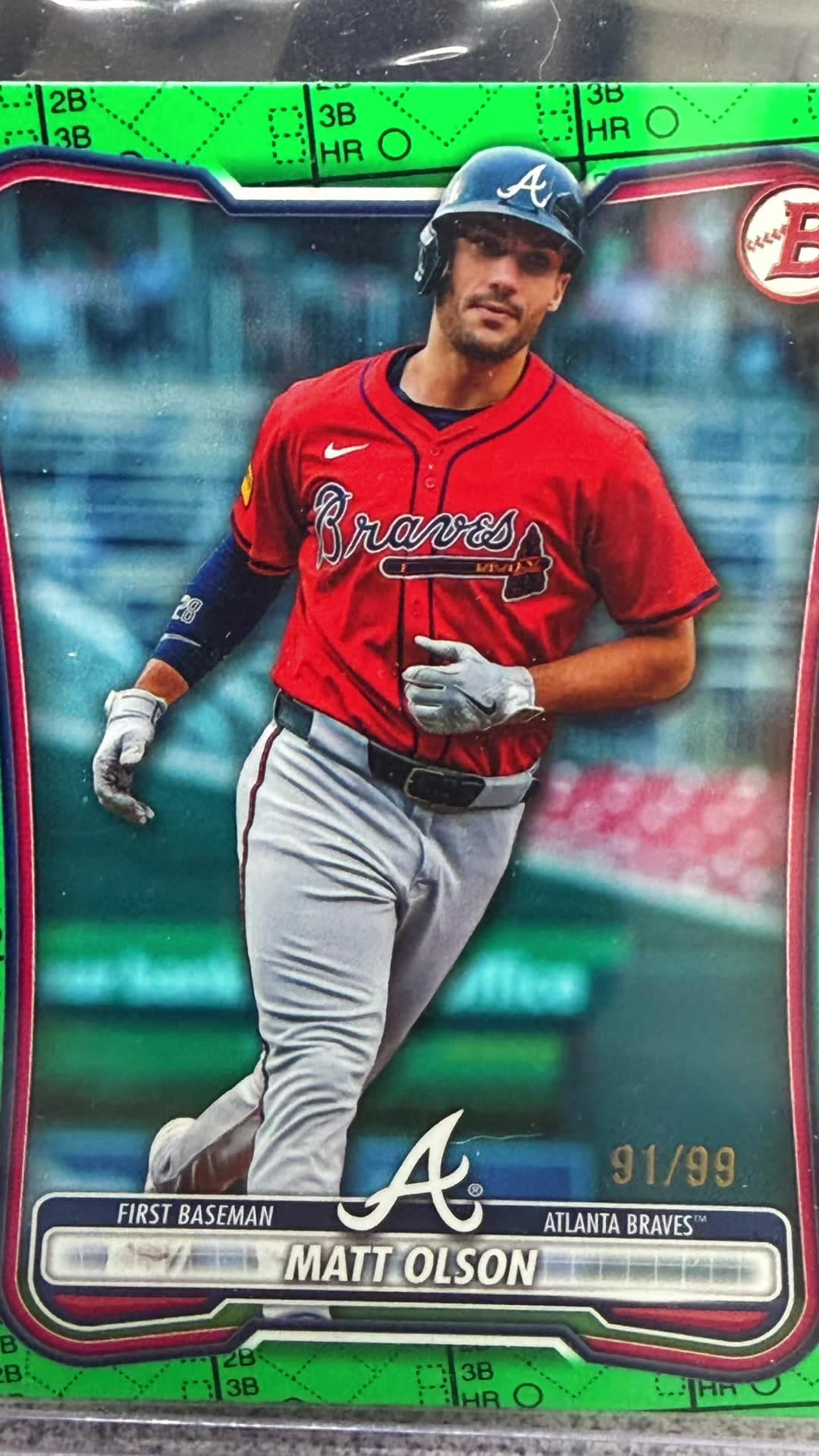🔥 TOPLOADER TUESDAY 🔥 Today’s 🔥 is a 2026 Bowman Green Score Sheet of Matt Olson numbered /99! 💚⚾️ Low numbered. Big-time player. And th