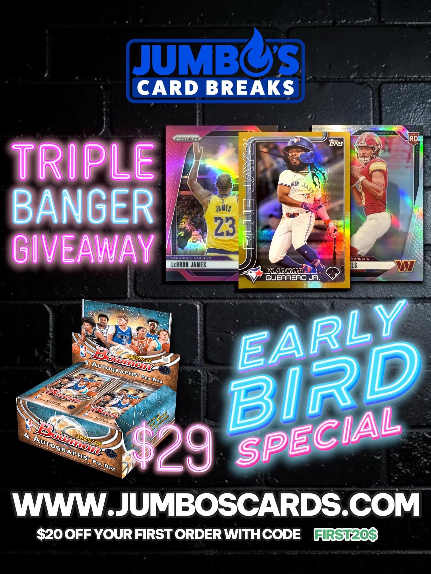 Breaks are LIVE on the site! 🔥 Grab a $29 early bird special Bowman Jumbo spot tonight! 🤩 We have a NASTY triple banger giveaway live for