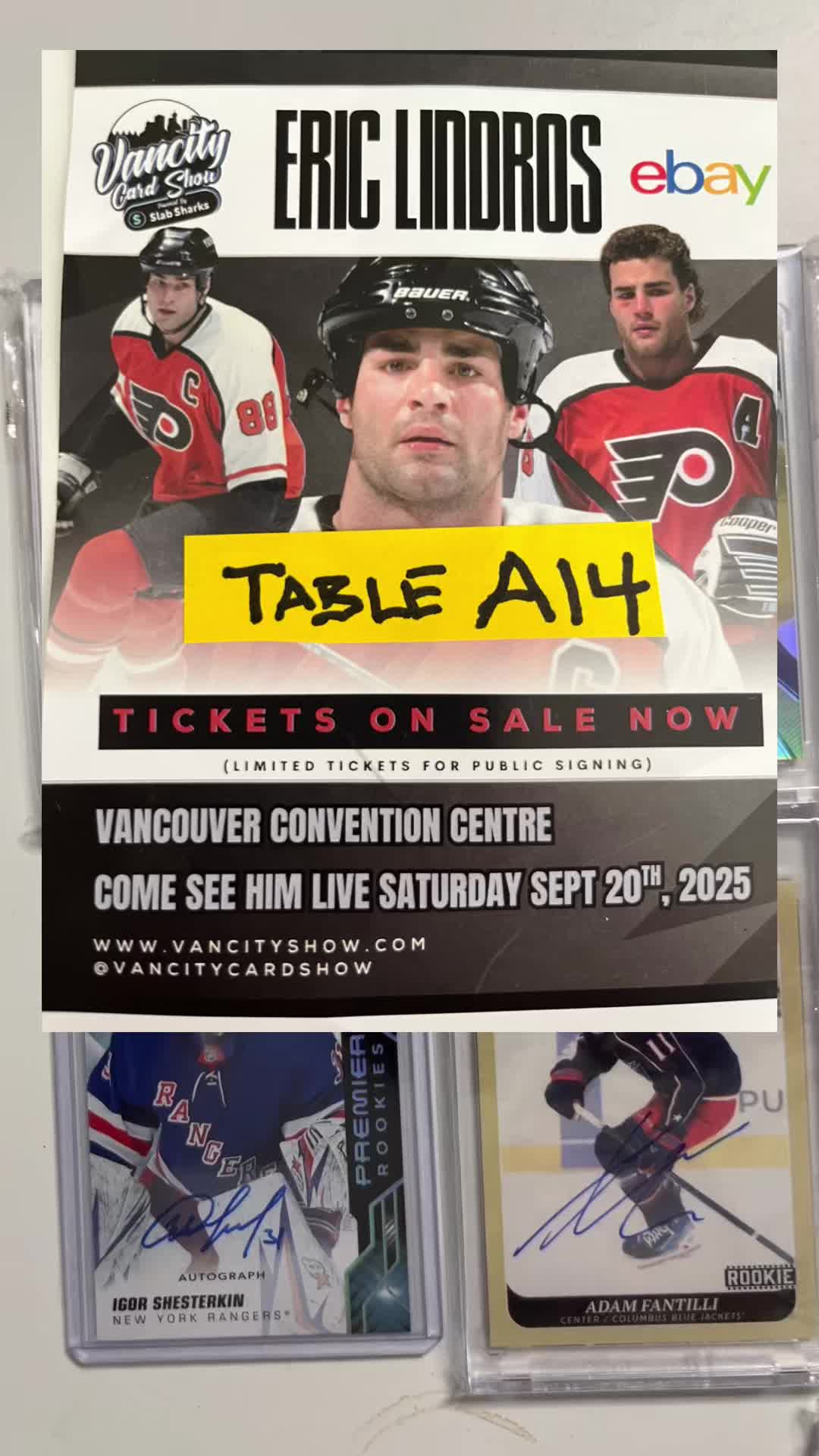 Vancity Card Show Tomorrow Table A14. Kids who buy get free stuff! #hockeycards #hockeytiktoks #hockeyboys #upperdeck #nhlrookies