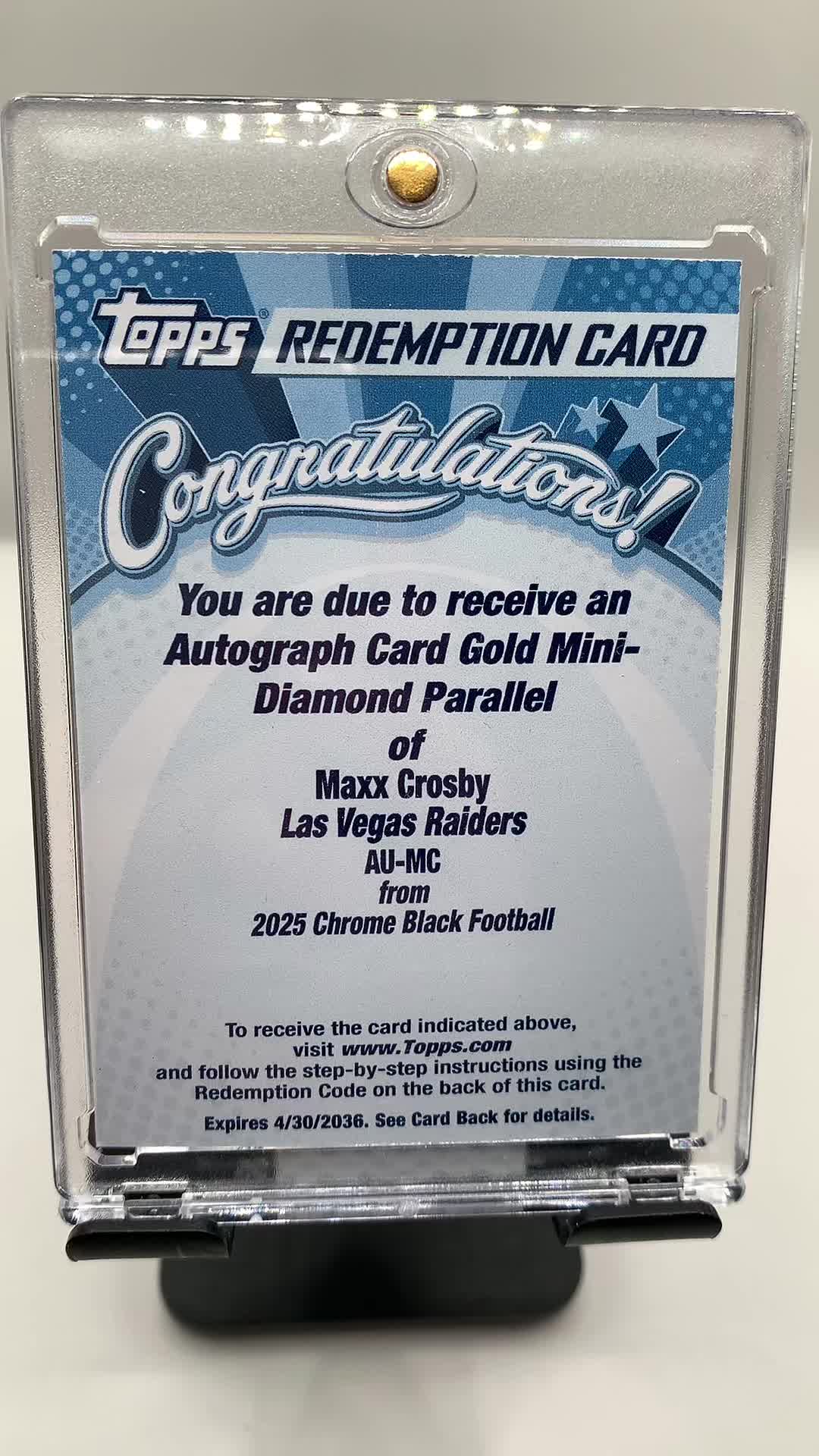 MAXX CROSBY 🤩🏴☠️💎 (FIRST EVER REDEMPTION) 2025 Topps Chrome Black (Gold Mini-Diamond) Auto ✍🏼 RAIIIIDERRRSSSSS!! 🏴☠️🗣️ #SportsCards