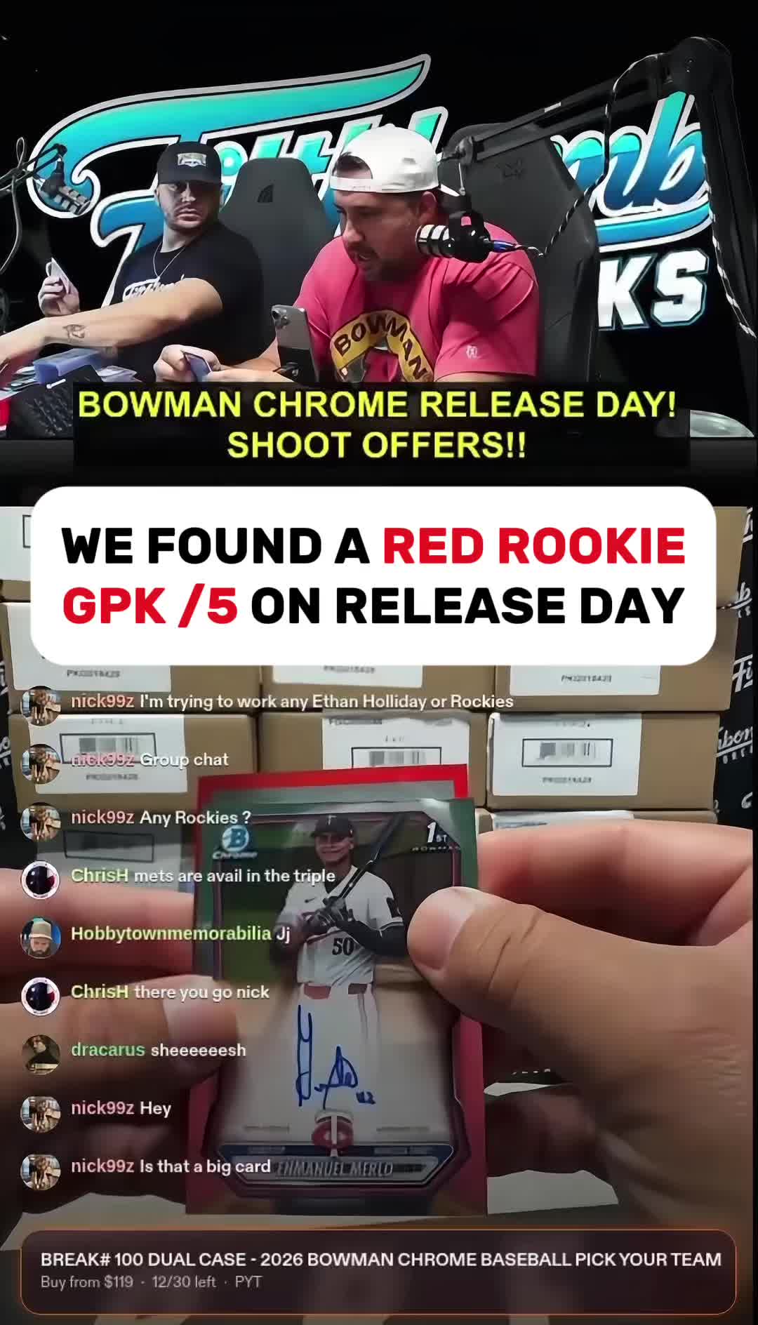 2026 BOWMAN CHROME RELEASE DAY IS OFF TO A CRAZY START 💣💥 We just pulled a RED GPK /5 ROOKIE 👀 Watch to see who we hit! We’re LIVE ALL DA