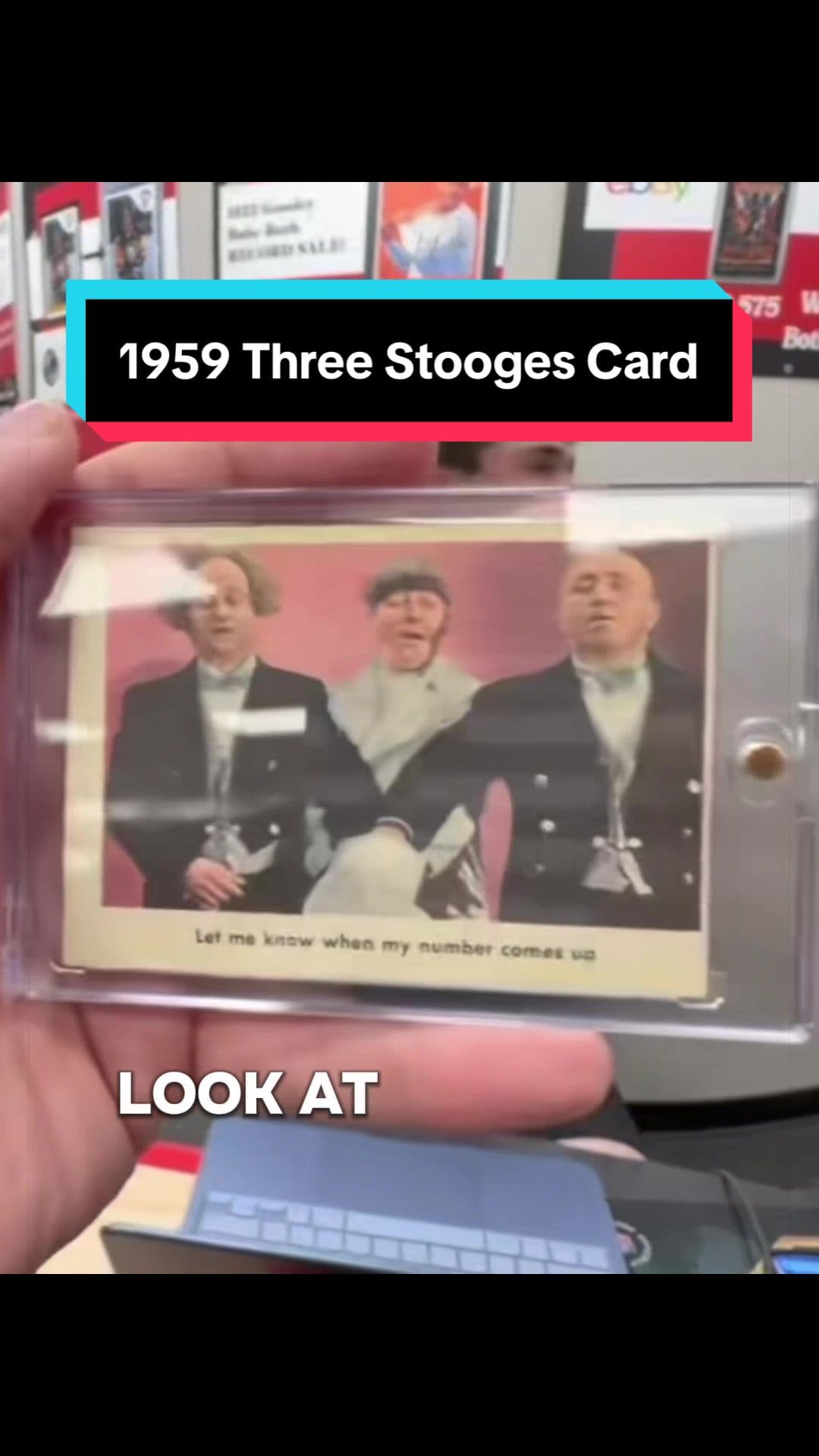 Chuck shows off a 1959 Fleer Three Stooges card at VSM! #saturdayshenanigans #fleer #sportscards #trending #threestooges