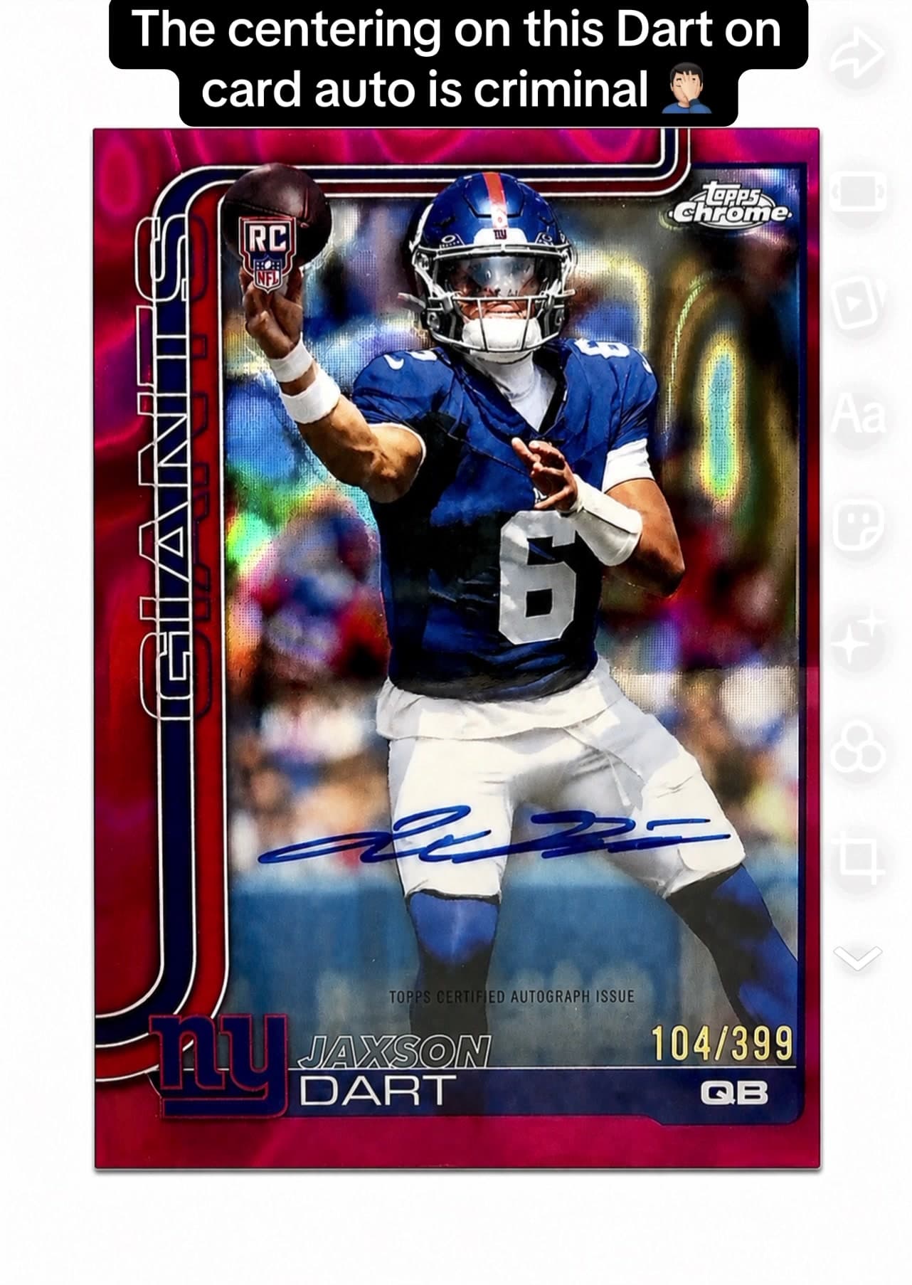 You’d hope for a little better quality control when pulling a numbered Dart on card auto. Come on Topps?! #sportscards #cardcollector #footb