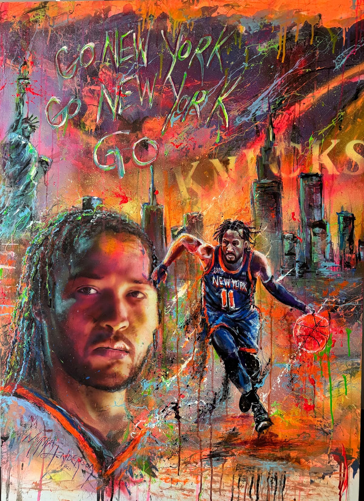 Murray Henderson's Exact Abstract painting of Jalen Brunson, precise portrait under bold color and motion