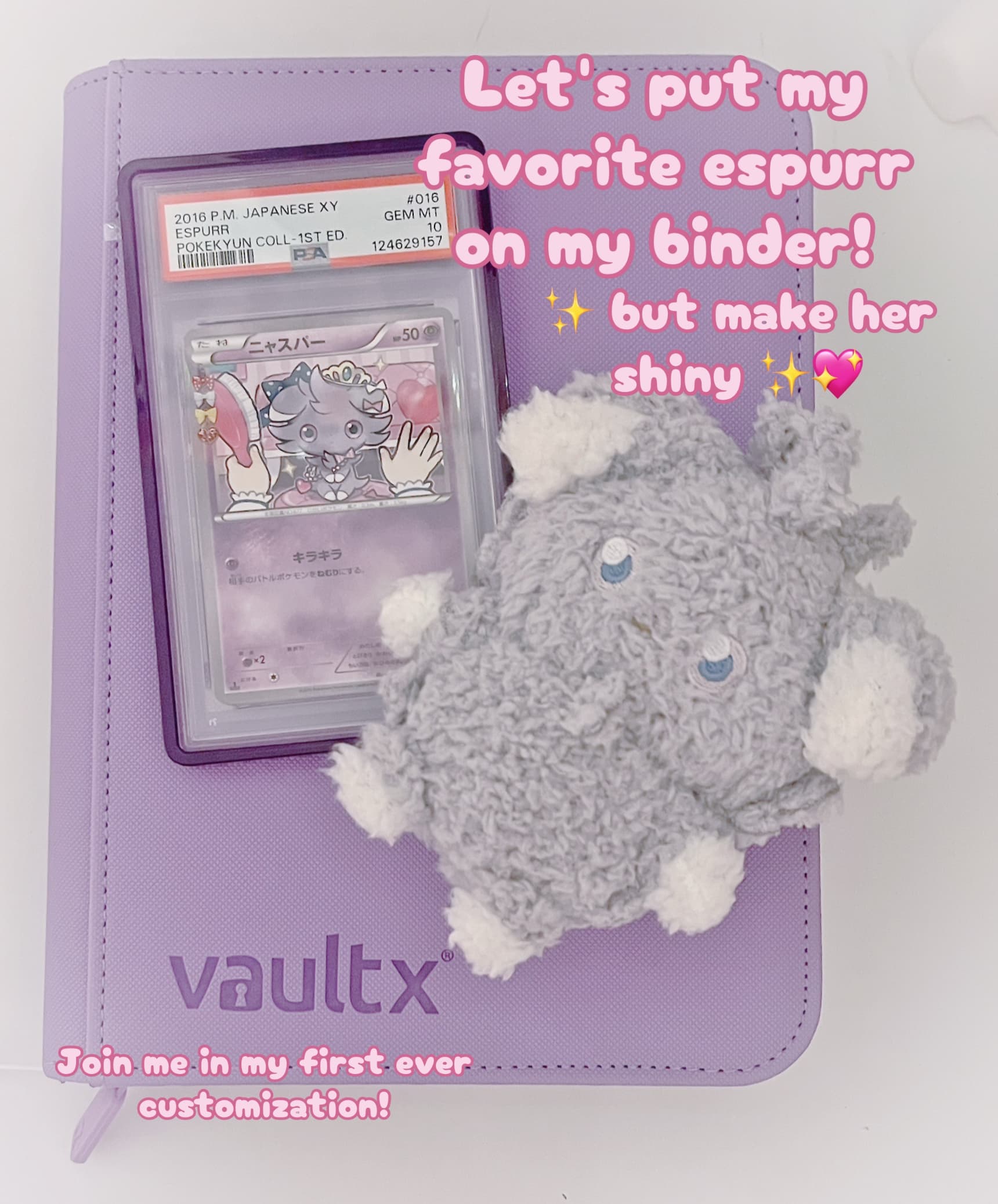 Join me in my first binder art project!!!
Espurr is one of my faves and since my card binder is purple, I just had to put her on it! Regul