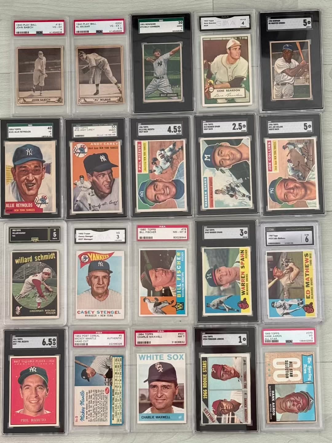 Mantle? Aaron? Minnie? Allie? Rizzuto? Spahn? Mathews? Stengel? Yes to all and much more! Plenty to choose from…Play Balls, Bowman’s, Topps