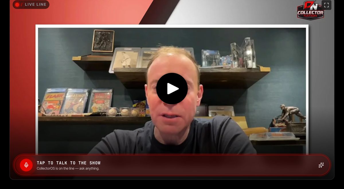 Call-In on a Collector Nation Podcast episode — the Live Line bar reads 'Tap to talk to the show — CollectorOS is on the line, ask anything'