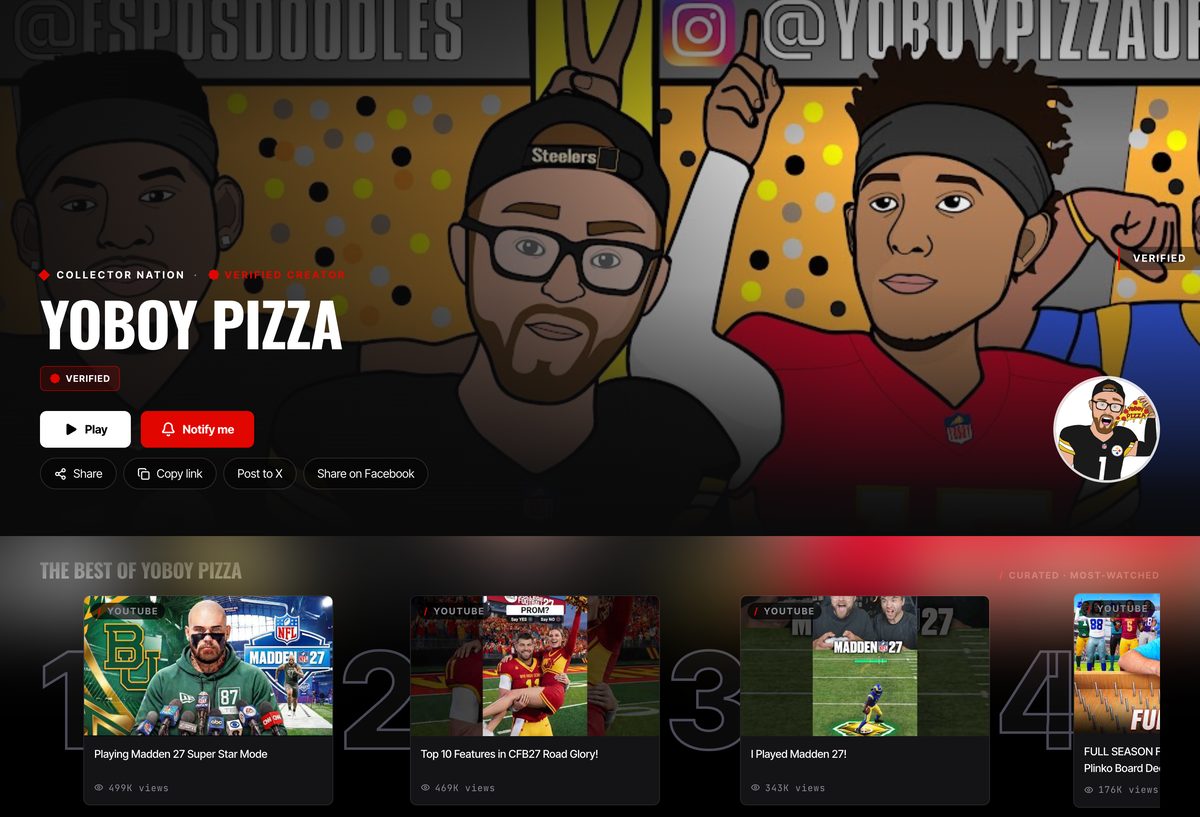 YoBoy Pizza's verified creator Spotlight page — custom banner, verified badge, and a curated Best Of rail